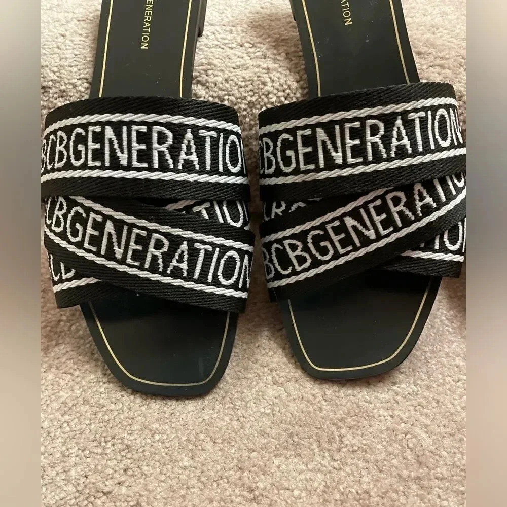 BCBGeneration  KALA Black White Logo Flat Sandals Slides Size 9​ - Picture 9 of 14